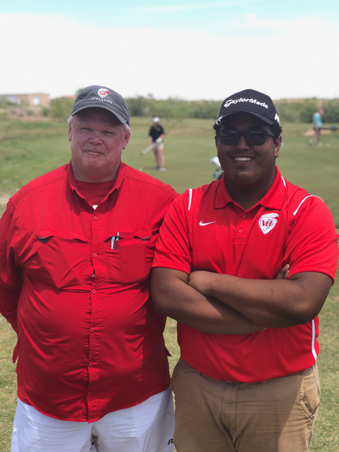 Senior Daniel Solis competed in the Regional Golf Tournament at Ratliff Ranch in Odessa this week, unfortunately, he did not advance. He is pictured with Head Golf Coach Thomas Turnbow. Photo by Brock Tyrrell 